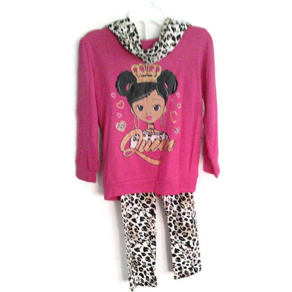 3 Pc Girls Leggings Set Pink T-Shirt, Animal Print Leggings, Scarf SZ 4, 5/6, 6X
